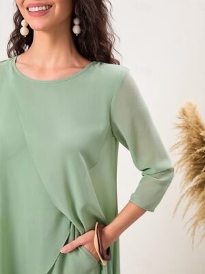 Elegant Slim Solid Crew Neck 3/4 Sleeve Blouse - Image 6