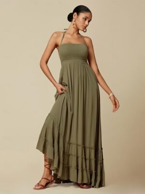 Elegant Smocked Waist Blue Halter Neck Cami Maxi Beach Dress - Image 11