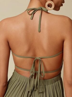 Elegant Smocked Waist Blue Halter Neck Cami Maxi Beach Dress - Image 12