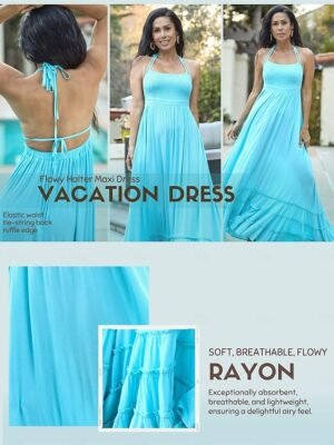 Elegant Smocked Waist Blue Halter Neck Cami Maxi Beach Dress - Image 7