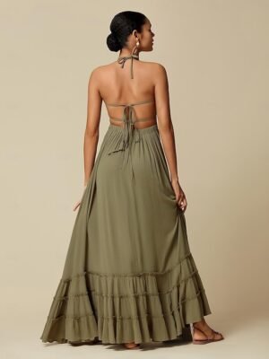 Elegant Smocked Waist Blue Halter Neck Cami Maxi Beach Dress - Image 8