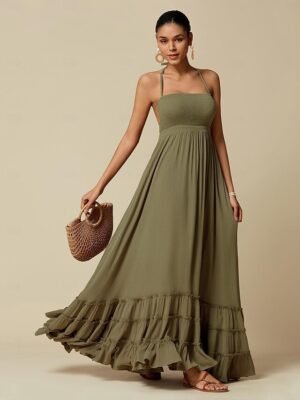 Elegant Smocked Waist Blue Halter Neck Cami Maxi Beach Dress - Image 9