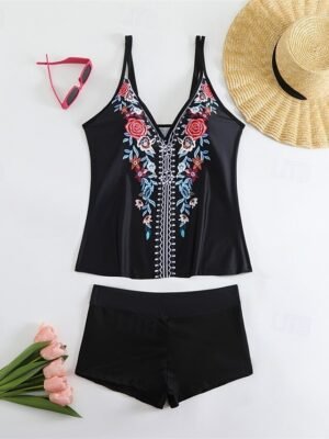 Elegant Stretchy V Neck Sleeveless Tankini Swimwear - Image 2