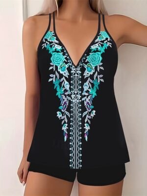 Elegant Stretchy V Neck Sleeveless Tankini Swimwear - Image 4