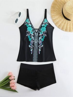 Elegant Stretchy V Neck Sleeveless Tankini Swimwear - Image 5