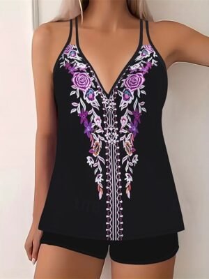 Elegant Stretchy V Neck Sleeveless Tankini Swimwear - Image 7