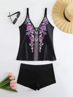 Elegant Stretchy V Neck Sleeveless Tankini Swimwear - Image 8