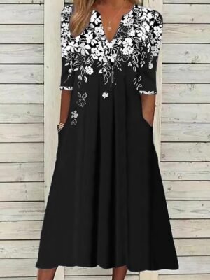 Elegant Stylish Floral V Neck Half Sleeve Midi Tunic Dress - Image 1