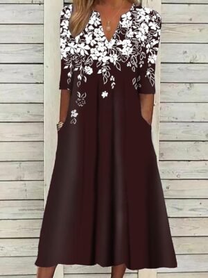 Elegant Stylish Floral V Neck Half Sleeve Midi Tunic Dress - Image 2
