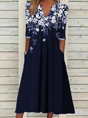 Elegant Stylish Floral V Neck Half Sleeve Midi Tunic Dress - Image 3