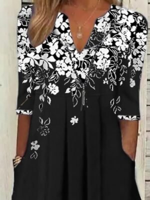 Elegant Stylish Floral V Neck Half Sleeve Midi Tunic Dress - Image 4