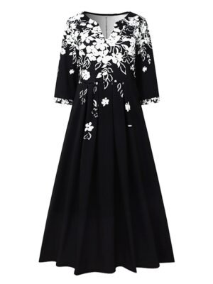 Elegant Stylish Floral V Neck Half Sleeve Midi Tunic Dress - Image 6