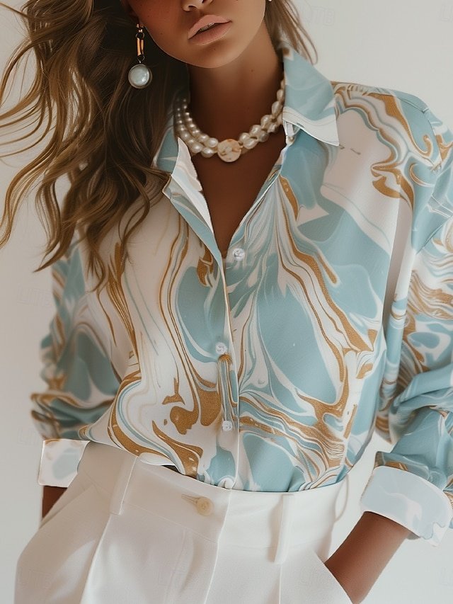 Elegant Stylish Marble Print Button Down Long Sleeve Blouse - Image 1