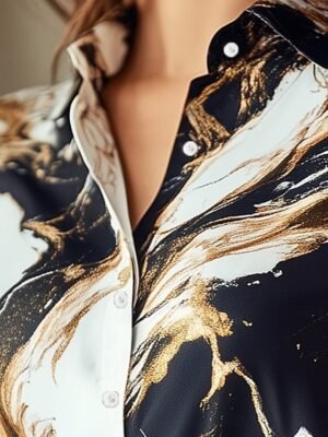 Elegant Stylish Marble Print Button Down Long Sleeve Blouse - Image 9