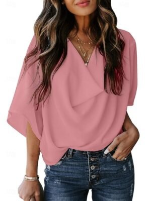 Elegant Stylish Solid Color Cowl Neck 3/4 Sleeve Regular Blouse - Image 1