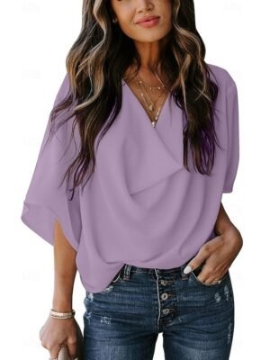 Elegant Stylish Solid Color Cowl Neck 3/4 Sleeve Regular Blouse - Image 10