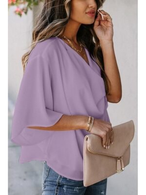 Elegant Stylish Solid Color Cowl Neck 3/4 Sleeve Regular Blouse - Image 11