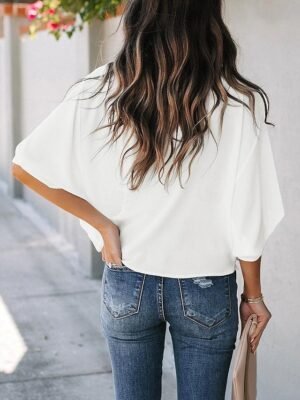 Elegant Stylish Solid Color Cowl Neck 3/4 Sleeve Regular Blouse - Image 14