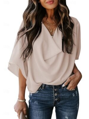 Elegant Stylish Solid Color Cowl Neck 3/4 Sleeve Regular Blouse - Image 3