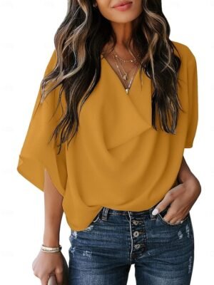 Elegant Stylish Solid Color Cowl Neck 3/4 Sleeve Regular Blouse - Image 7