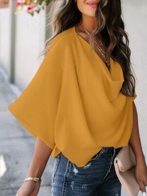 Elegant Stylish Solid Color Cowl Neck 3/4 Sleeve Regular Blouse - Image 8