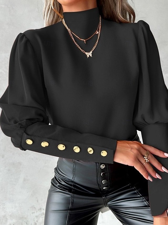 Elegant Stylish Solid High Neck Long Sleeve Blouse - Image 2