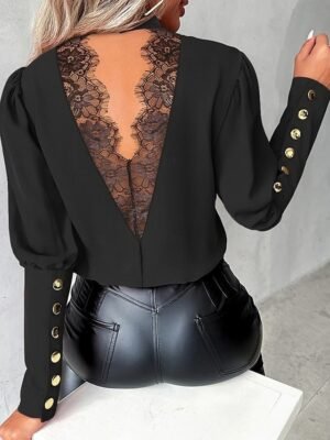 Elegant Stylish Solid High Neck Long Sleeve Blouse - Image 3