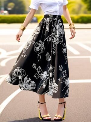 Elegant Swing Floral Print High Waist Midi Chiffon Skirt - Image 2