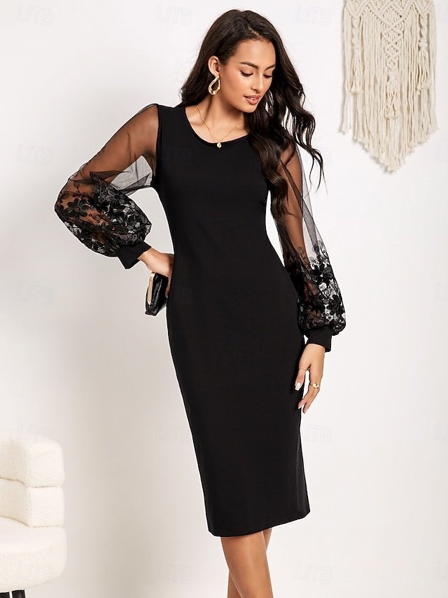 Elegant Tea Length Plain Crew Neck Long Sleeve Black Dress - Image 1