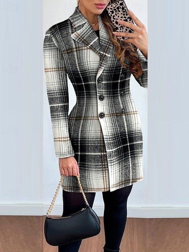 Elegant Thickened Lattice Print Lapel Long Overcoat - Image 1