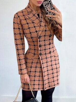 Elegant Thickened Lattice Print Lapel Long Overcoat - Image 4