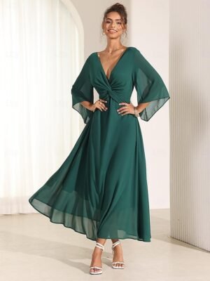 Elegant Twisted Plain V Neck Flared 3/4 Sleeve Summer Maxi Dress - Image 1