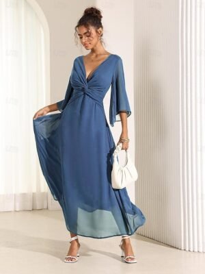 Elegant Twisted Plain V Neck Flared 3/4 Sleeve Summer Maxi Dress - Image 11