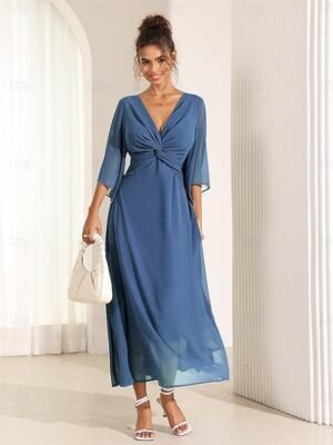 Elegant Twisted Plain V Neck Flared 3/4 Sleeve Summer Maxi Dress - Image 12
