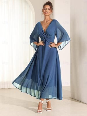 Elegant Twisted Plain V Neck Flared 3/4 Sleeve Summer Maxi Dress - Image 13