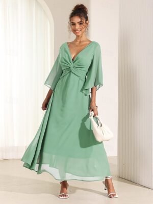 Elegant Twisted Plain V Neck Flared 3/4 Sleeve Summer Maxi Dress - Image 14