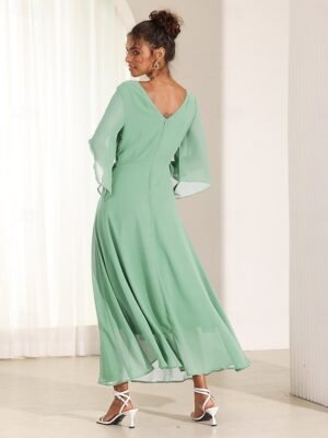 Elegant Twisted Plain V Neck Flared 3/4 Sleeve Summer Maxi Dress - Image 15