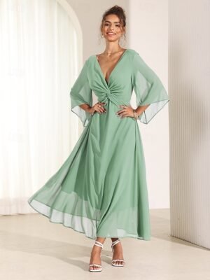 Elegant Twisted Plain V Neck Flared 3/4 Sleeve Summer Maxi Dress - Image 16