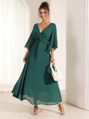 Elegant Twisted Plain V Neck Flared 3/4 Sleeve Summer Maxi Dress - Image 2