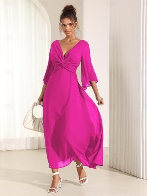 Elegant Twisted Plain V Neck Flared 3/4 Sleeve Summer Maxi Dress - Image 20