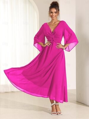 Elegant Twisted Plain V Neck Flared 3/4 Sleeve Summer Maxi Dress - Image 21
