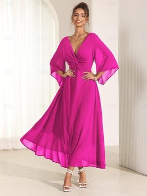 Elegant Twisted Plain V Neck Flared 3/4 Sleeve Summer Maxi Dress - Image 22