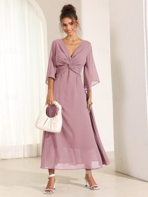 Elegant Twisted Plain V Neck Flared 3/4 Sleeve Summer Maxi Dress - Image 23