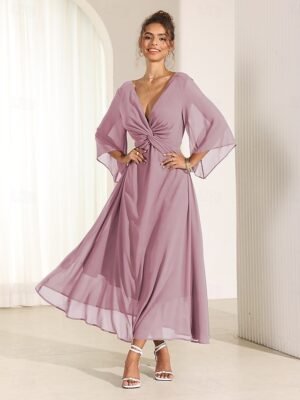 Elegant Twisted Plain V Neck Flared 3/4 Sleeve Summer Maxi Dress - Image 25