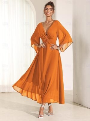 Elegant Twisted Plain V Neck Flared 3/4 Sleeve Summer Maxi Dress - Image 26