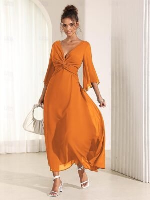 Elegant Twisted Plain V Neck Flared 3/4 Sleeve Summer Maxi Dress - Image 27