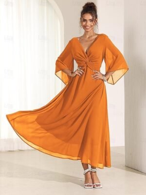 Elegant Twisted Plain V Neck Flared 3/4 Sleeve Summer Maxi Dress - Image 28