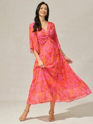 Elegant Twisted Plain V Neck Flared 3/4 Sleeve Summer Maxi Dress - Image 29