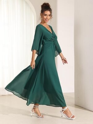 Elegant Twisted Plain V Neck Flared 3/4 Sleeve Summer Maxi Dress - Image 3