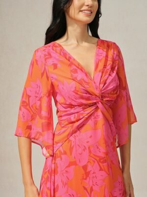 Elegant Twisted Plain V Neck Flared 3/4 Sleeve Summer Maxi Dress - Image 30